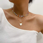 Multi-layer Heart Pendant Seed Beaded Choker Necklace Set